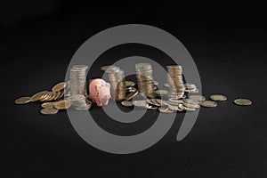 Piggy bank and coins on black background. Pink coin box and money. Savings, wealth, investment concept. Copy space