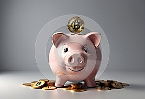 Piggy bank with coins. Coin with Bitcoin sign. Light background coins in front. Savings and investment. Digital Ai