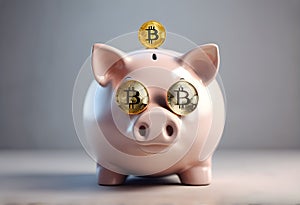 Piggy bank with coins. Coin with Bitcoin sign. Light background coins in front. Savings and investment. Digital Ai