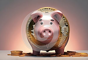 Piggy bank with coins. Coin with Bitcoin sign. Light background coins in front. Savings and investment. Digital Ai