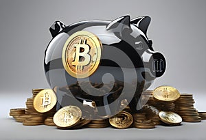 Piggy bank with coins. Coin with Bitcoin sign. Light background coins in front. Savings and investment. Digital Ai