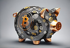 Piggy bank with coins. Coin with Bitcoin sign. Light background coins in front. Savings and investment. Digital Ai