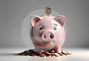 Piggy bank with coins. Coin with Dollar sign. Light background coins in front. Savings and investment. Digital Ai