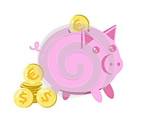 Piggy bank with coins. The concept of saving money.Isolated vector illustration piggy bank in flat style.