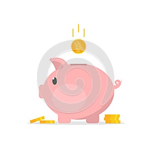 Piggy bank with coins illustration in flat style. The concept of save money or open a bank deposit