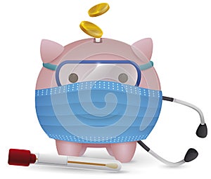 Piggy Bank with Coins, Mask, Stethoscope and Test Tube, Vector Illustration