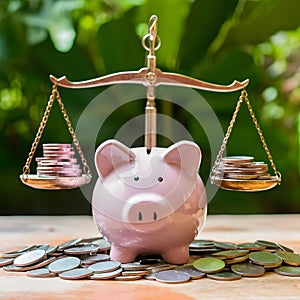 Piggy bank and coins on scales symbolize balanced financial management