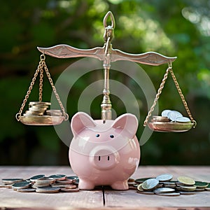 Piggy bank and coins on scales symbolize balanced financial management