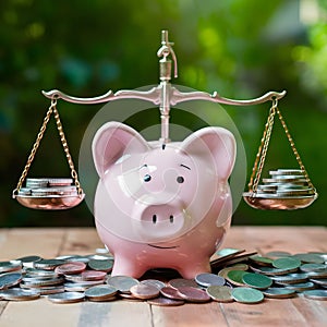 Piggy bank and coins on scales symbolize balanced financial management