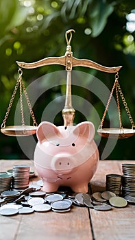 Piggy bank and coins on scales symbolize balanced financial management