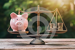 Piggy bank and coins on scales symbolize balanced financial management