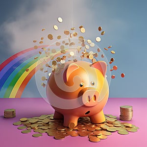 Piggy bank with coins, under a colorful rainbow in the sky