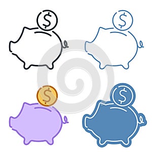 A piggy-bank with coins vector outline icon set.
