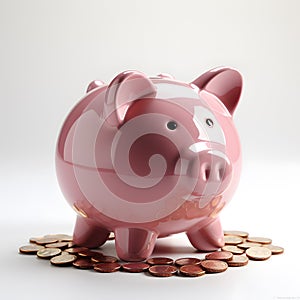 Piggy bank and coins on white background. Money savings concept.