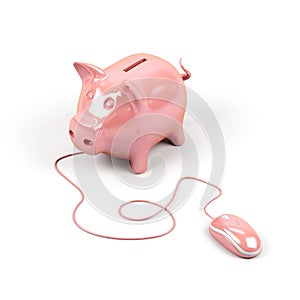 Piggy bank connected to a computer mouse.