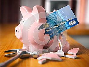 Piggy bank with credit card. Home budget, savings, banking concept