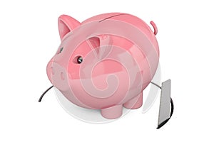 Piggy bank with cutting saw. Financial risk concept, 3D rendering