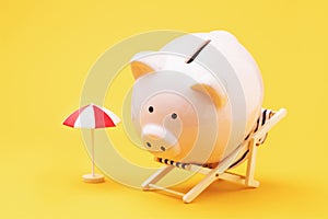 Piggy bank, deck chair and umbrella on a yellow background. Concept on accumulating vacation money