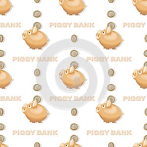 Piggy Bank, dollar coins background. Money gold coins. Cash collecting billfold on white background