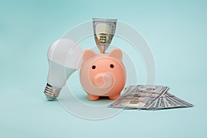 Piggy bank with dollar money banknotes and lamp on blue background. Power savings concept