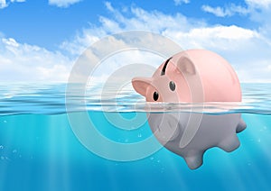 Piggy bank drowning, savings loss concept