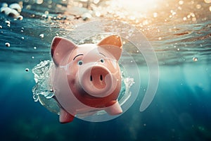 Piggy bank drowning in water. Concept for recession