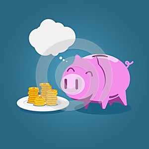 Piggy bank eat gold coin with blank bubble