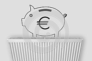 Piggy bank with euro sign on home heating radiator. Energy crisis and expensive heating costs for winter season.