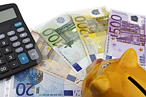 Piggy bank and Euros (EUR).