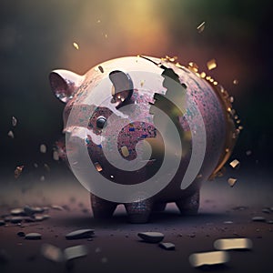 The piggy bank explodes and shatters into pieces, concept of Scattered Money . Econimy recession stagflation