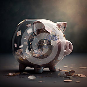 The piggy bank explodes and shatters into pieces, concept of Scattered Money . Econimy recession stagflation