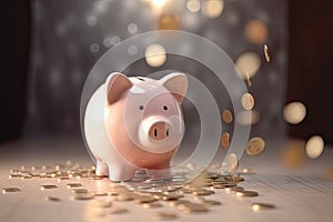 Piggy bank with falling coins on blurred background. Generative AI