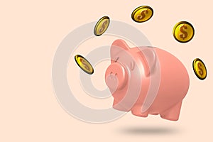 Piggy bank with falling coins for financial and money deposit concept