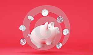 Piggy bank with falling dollar coins on red background
