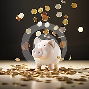 Piggy bank with falling gold coins