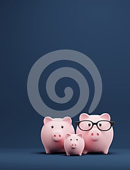 Piggy bank family with glasses Saving money 3D render