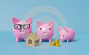 Piggy bank family with gold coins money in blue composition background ,saving money Concept, 3d illustration or 3d render