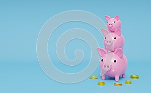 Piggy bank family with gold coins money in blue composition background ,saving money Concept, 3d illustration or 3d render