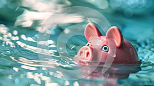 Piggy bank floating in water, symbolizing financial instability or savings at risk photo