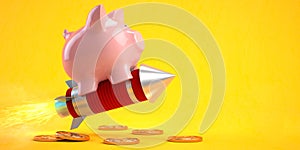 Piggy bank on a flying rocket on yellow. Financial, investing, savings and wealth management solution concept
