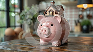 Piggy bank in the form of a pig, next to a small wooden house. Sale of real estate, savings on housing, the concept of