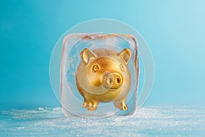 Piggy bank frozen in ice cube. Frozen savings, funds and assets, unavailable money. The concept of bankruptcy and capital freezing