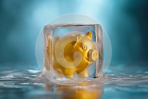 Piggy bank frozen in ice cube. Frozen savings, funds and assets, unavailable money. The concept of bankruptcy and capital freezing