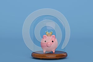 Piggy bank in glass bell with wooden base isolated on blue background.3D illustration