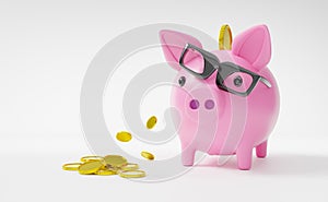 Piggy bank and glasses with gold coins money on white background ,saving money Concept, 3d illustration or 3d render