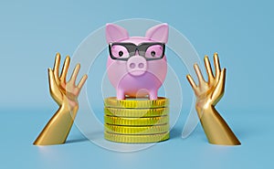 Piggy bank and glasses with hands and gold coins money in blue composition background ,Finance Investment Concept, 3d illustration