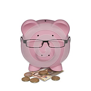 Piggy bank with glasses on money illustrated as a manager
