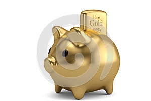 Piggy bank and gold bullion investment concept isolated on white background. 3D illustration