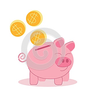 Piggy bank with gold coins with dollar sign