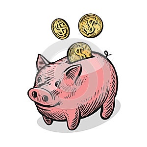 Piggy bank and gold coins. Money, bank, finance concept. Vector illustration